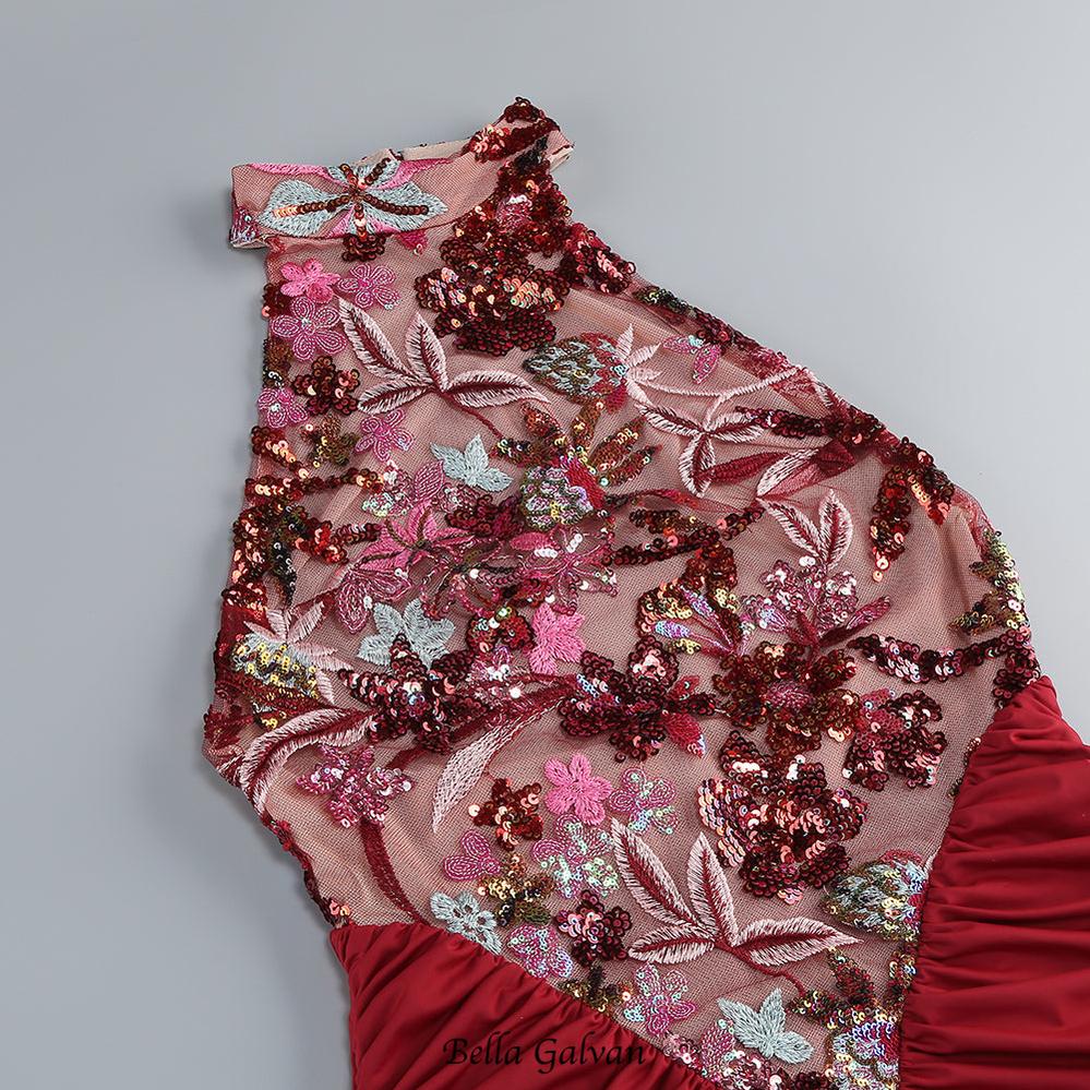 Flowering Girl Women tracy sequin embroidery halter maxi dress in red