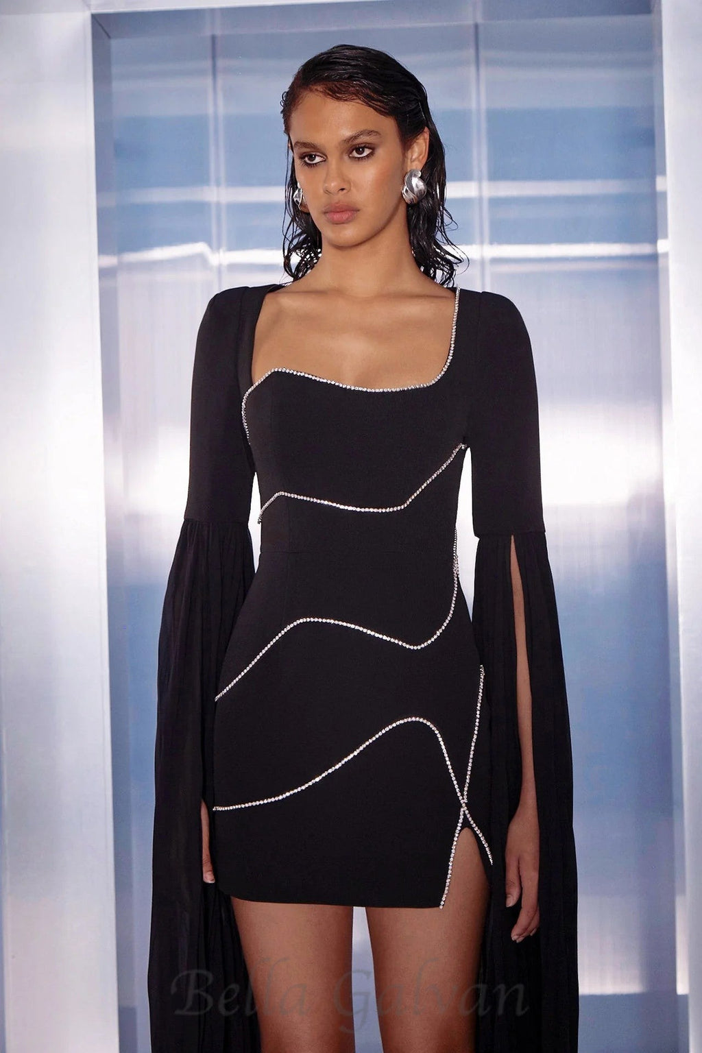 Flowering Girl Women crystal-stripe bodycon mini dress in black