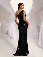 Black Floral Panel One Shoulder Cocktail Dress