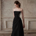 Mermaid Ruched Strapless Beading Black Prom Dress
