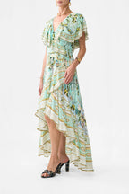 Flowering Girl Women Green-Multi Printed Ruffled V-Neck Irregular Hem Silk Maxi Dress