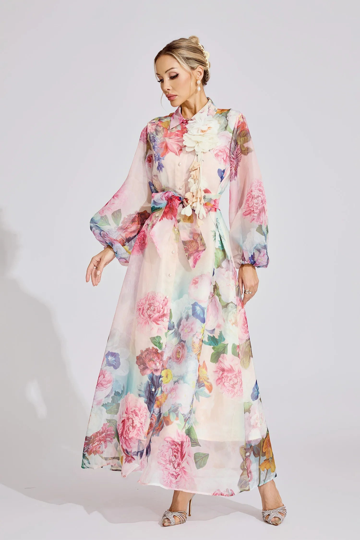 Vivien Pink Floral Printed Lantern Sleeve Maxi Dress