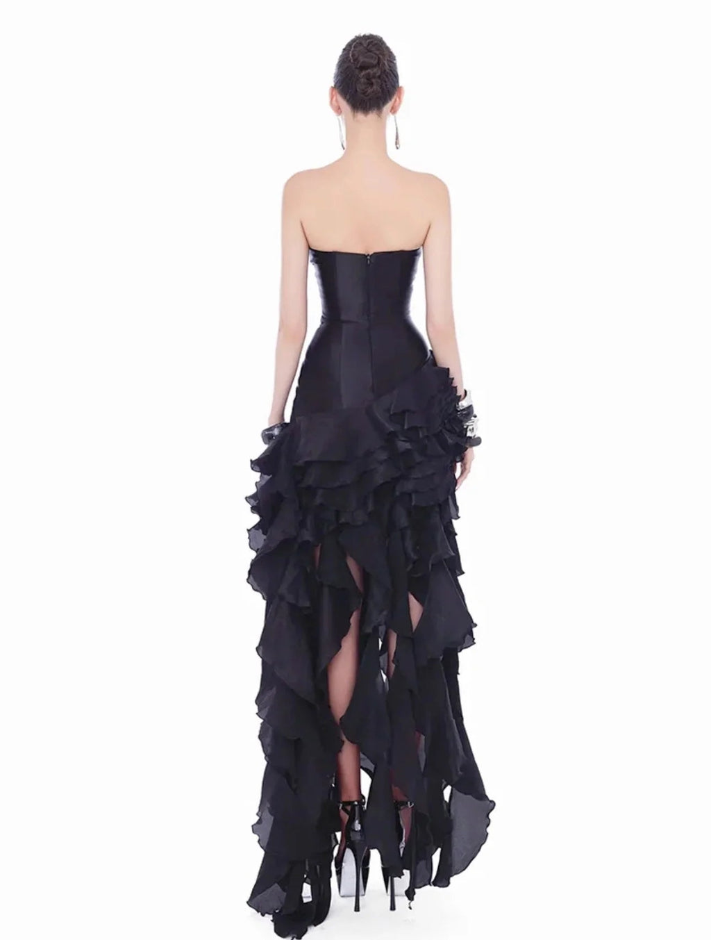 Sabrina Ruffle Crystal Strapless Midi Dress In Black
