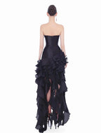 Sabrina Ruffle Crystal Strapless Midi Dress In Black