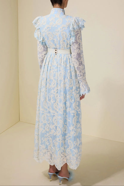 alma Chiffon Embroidered Single Breasted Midi Dress With Belt - blue