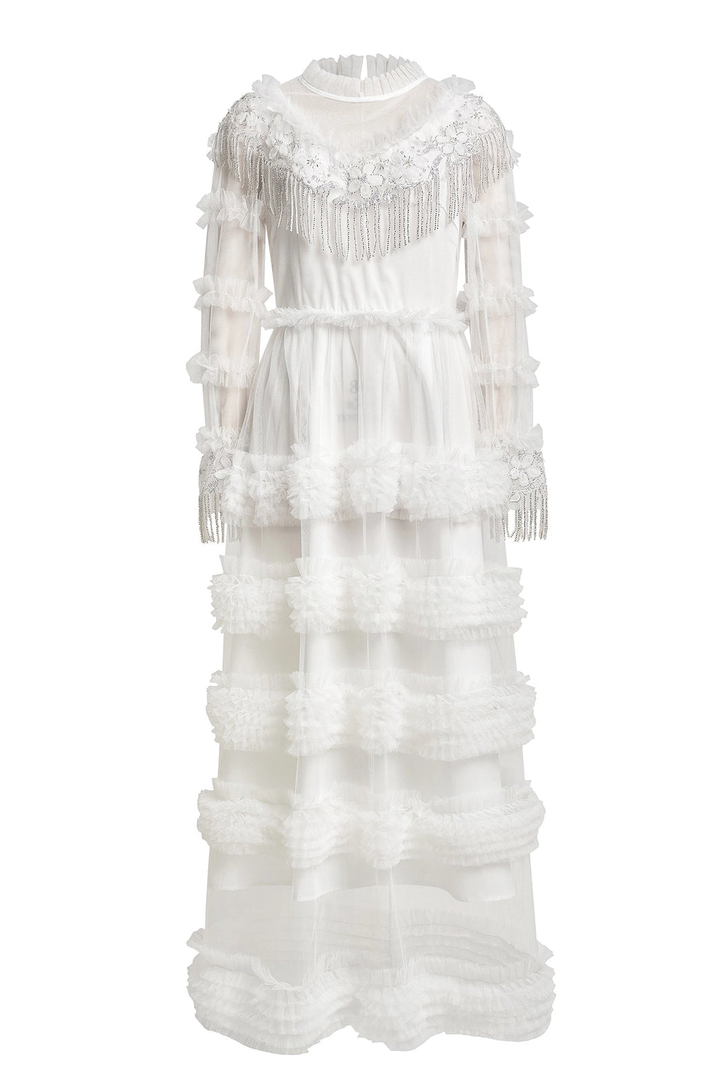 kimberley white Beaded Frill Round Neck Midi Dress