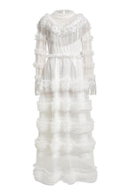 kimberley white Beaded Frill Round Neck Midi Dress