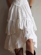Corset-Style Lace Trim Tiered Midi Dress
