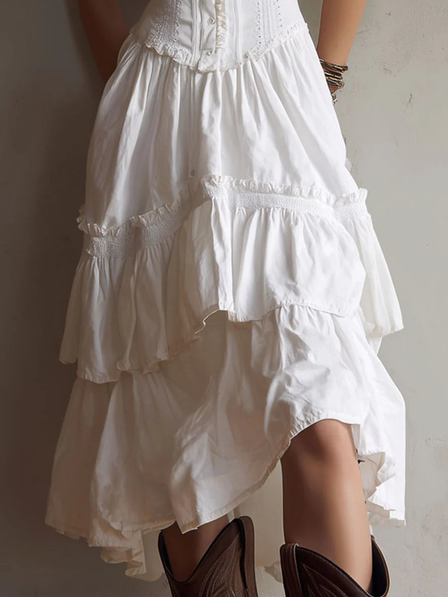 Corset-Style Lace Trim Tiered Midi Dress