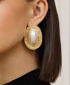 Flowering Girl Women Vintage Textured Gold Oval Baroque Pearl Stud Earrings