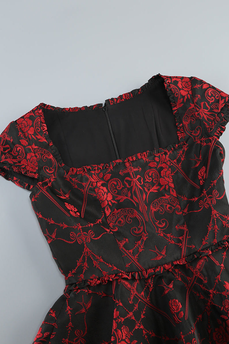 Square Neck Jacquard Mini Dress In Black Red