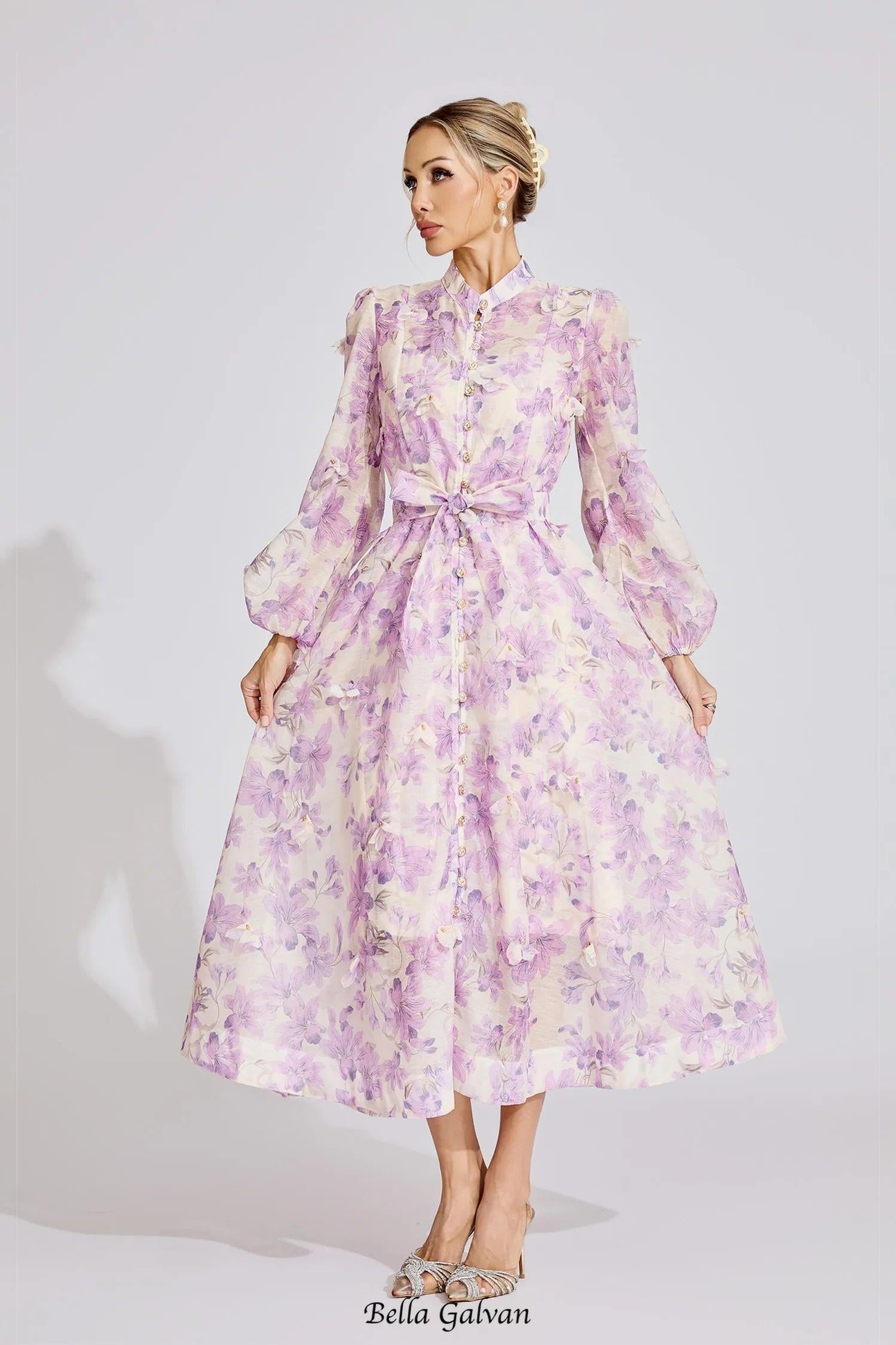 simona Floral print lantern sleeve Maxi Dress in purple
