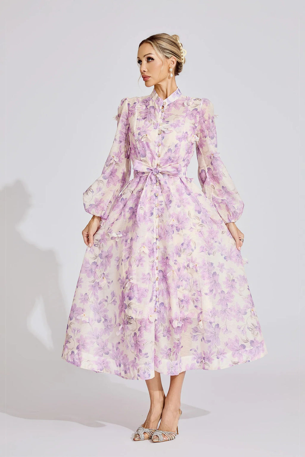 Simona Floral Print Lantern Sleeve Maxi Dress In Purple
