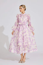 Simona Floral Print Lantern Sleeve Maxi Dress In Purple