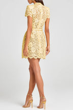 hollow lace bow belt mini dress in yellow