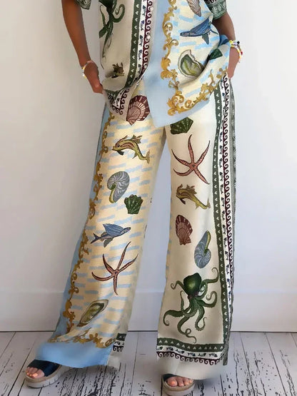 Unique Deep Sea Floral Print Loose Shirt and Pants Set