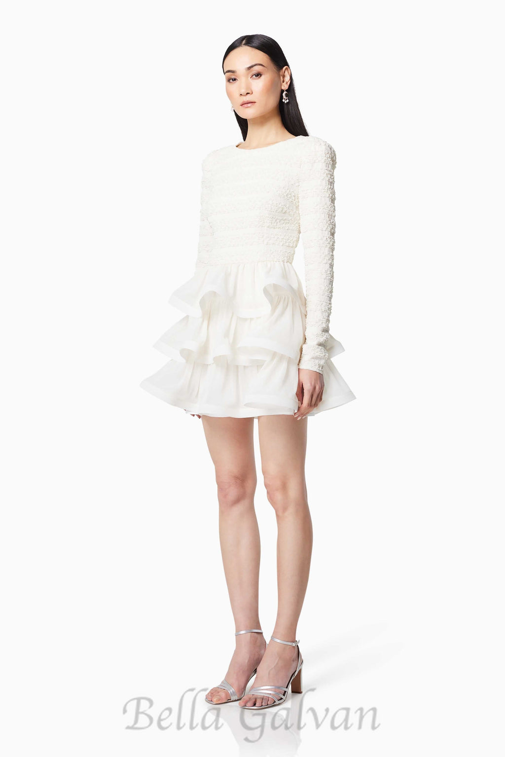 Flowering Girl Women Ruffle trim Long Sleeved Mini Dress in white