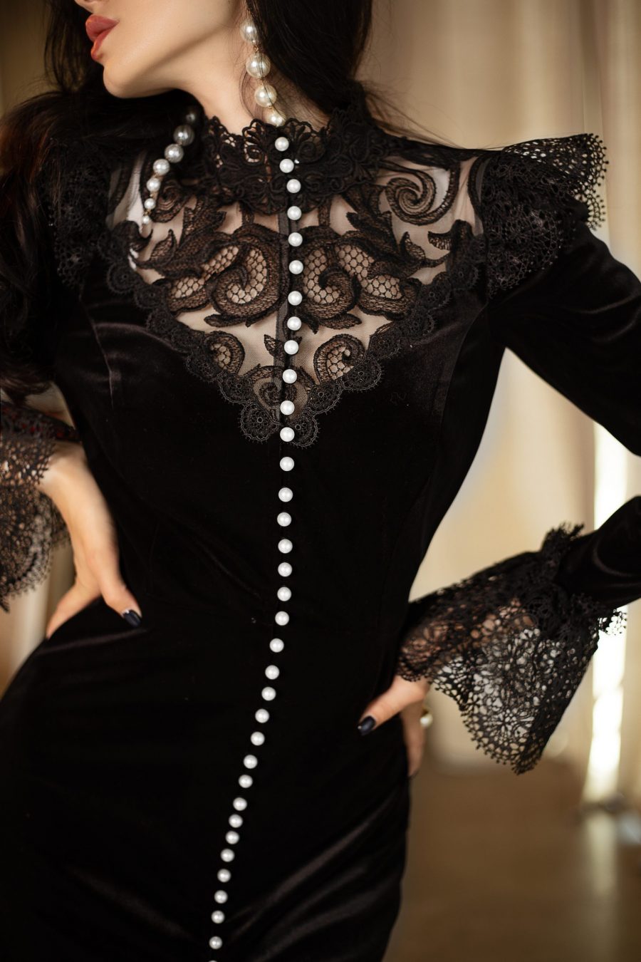 Pandora Black Long Sleeve Velvet Midi Dress With Lace And Pearls