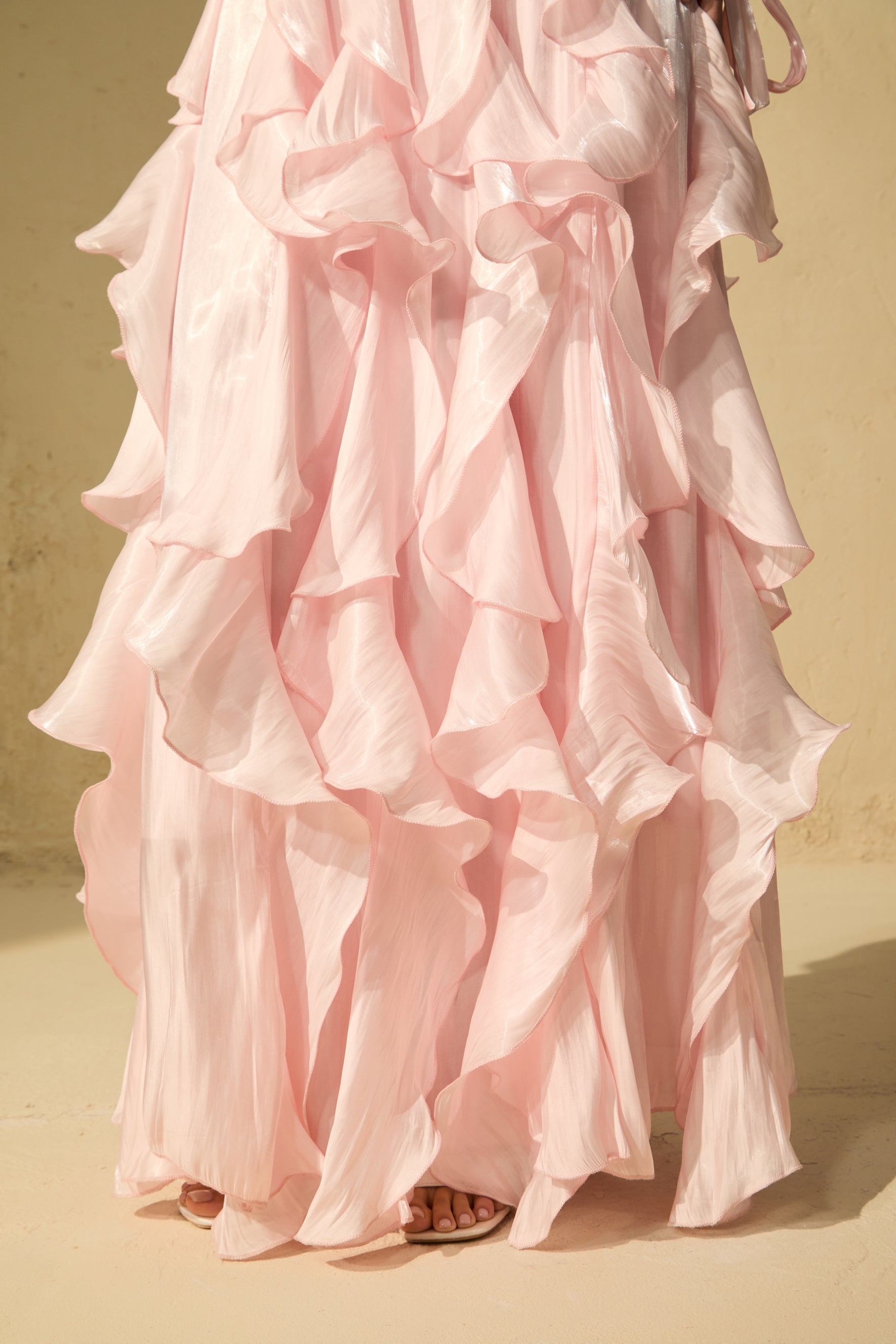 pandora Puff Sleeve Ruffle Trim Maxi Dress in pink
