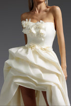 Flowering Girl Women Strapless 3D Floral High Low Satin Evening Gown