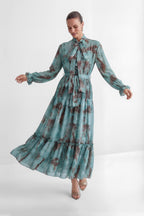 Flowering Girl Women kristin Teal Printed Tiered Ruffle Maxi Dress - green