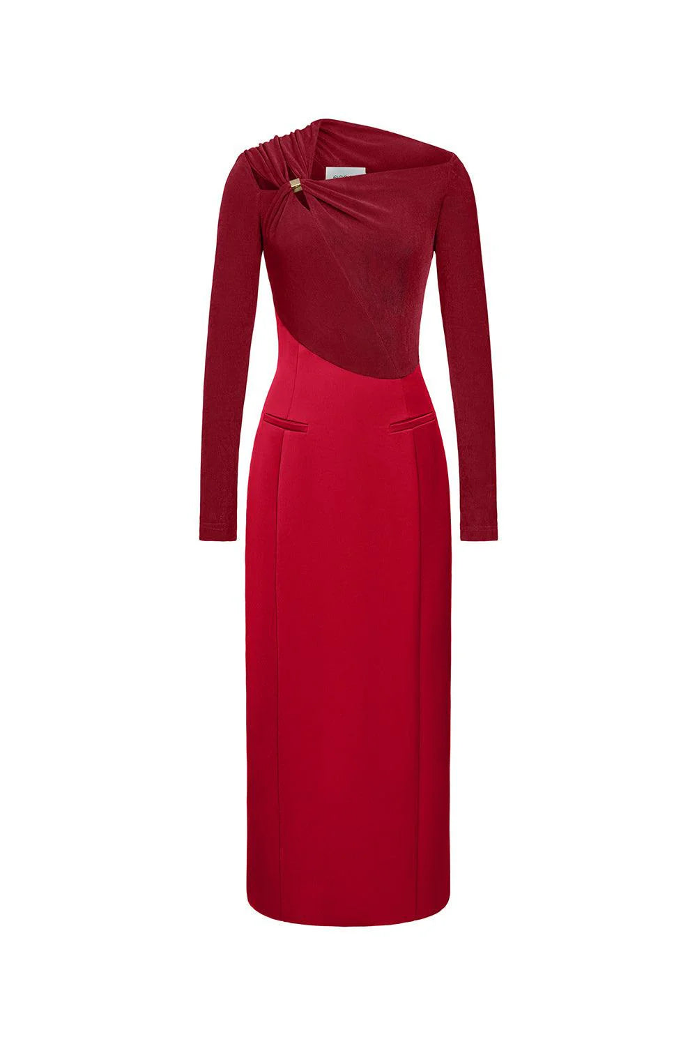 Flowering Girl Women Eleanor Sheath Asymmetric Neck Taffeta Midi Dress in red
