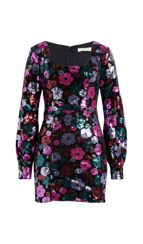 Flowering Girl Women Beaded Long Sleeve Mini dress in black multi