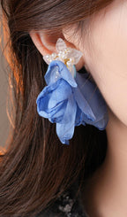 Flowering Girl Women Drew Blue Flower Earrings