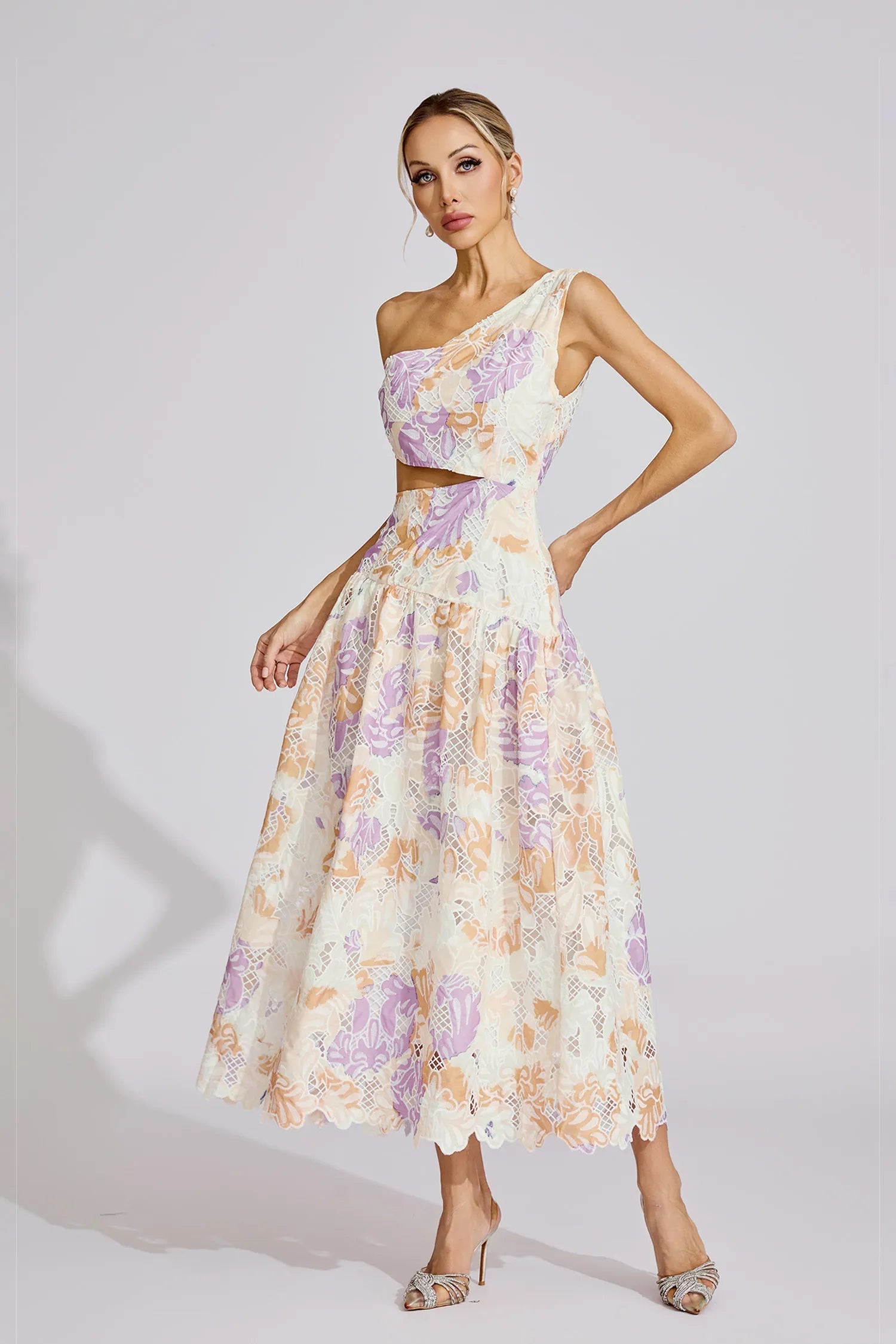 Kimberley Yellow One-Shoulder Floral Print Cutout Maxi Dress