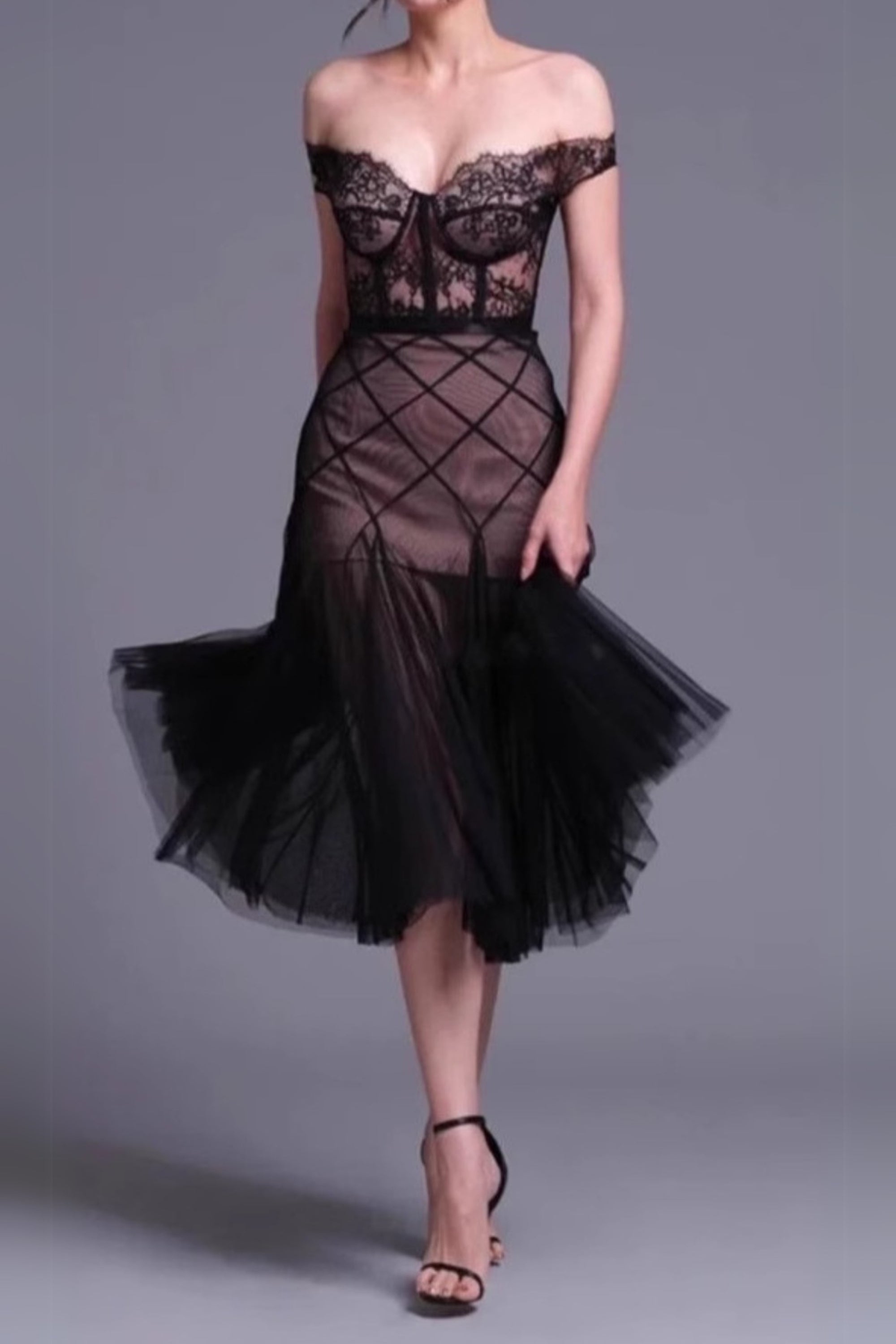 Flowering Girl Women Floral Dentelle Off-Shoulder Bustier Corset Net Skirt Set