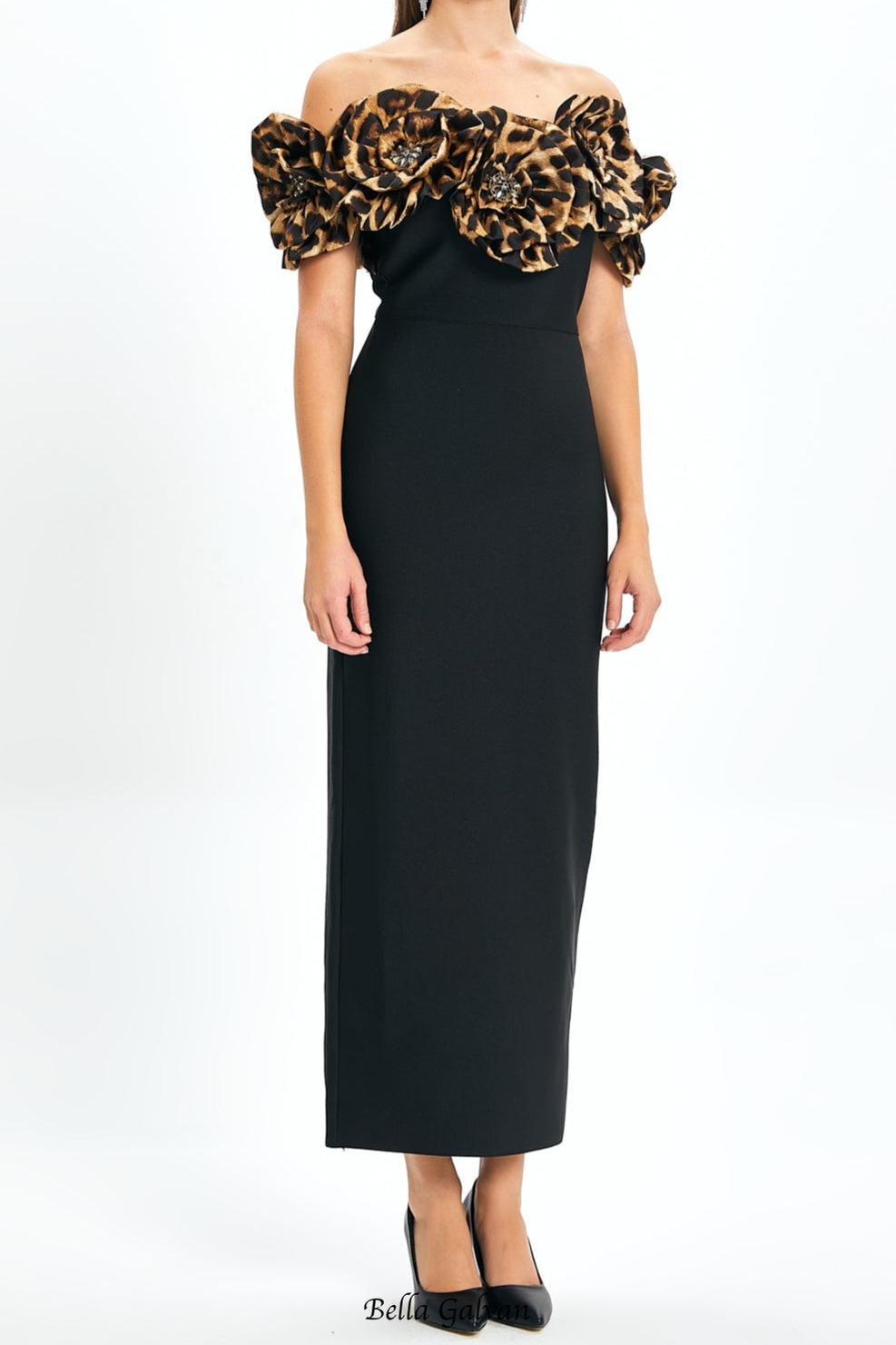 3d flower leopard pattern bandage maxi dress in black