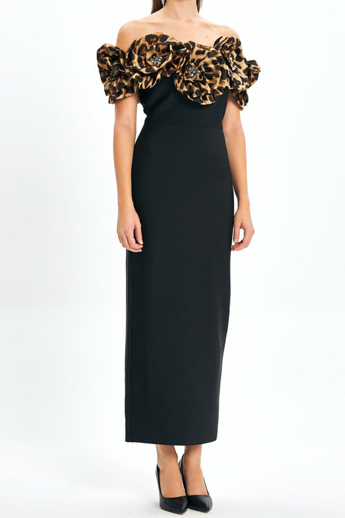 Flowering Girl Women 3d Flower Leopard Pattern Bandage Maxi Dress In Black