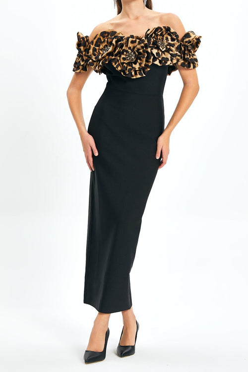 Flowering Girl Women 3d Flower Leopard Pattern Bandage Maxi Dress In Black