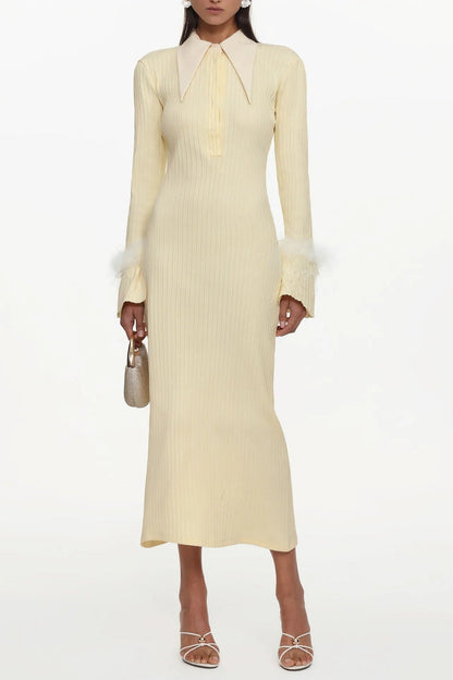 irma yellow Long Sleeve Feather Knit Maxi Dress