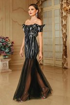 Flowering Girl Women Bodycon Off the Shoulder Long Prom Dress in black
