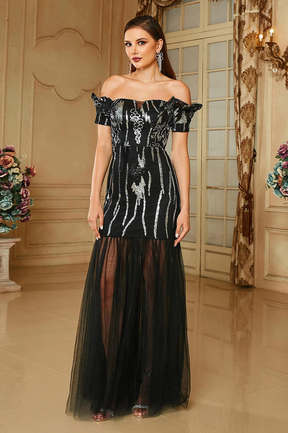 Flowering Girl Women Bodycon Off the Shoulder Long Prom Dress in black