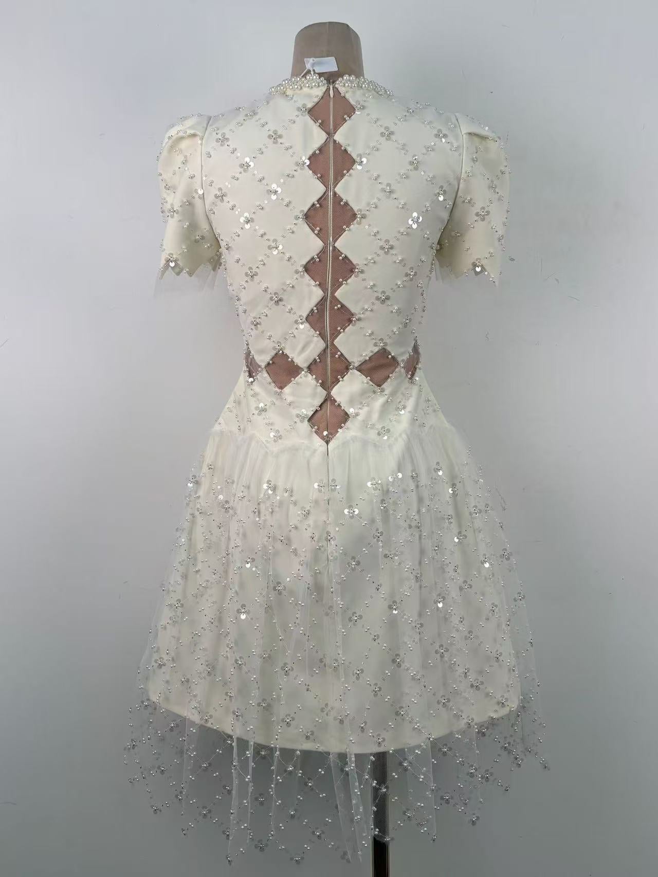 Henrietta Ivory Sequin Mini Dress With Mesh Panels