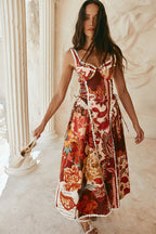 Flowering Girl Women pandora Spaghetti strap lace linen patchwork midi dress