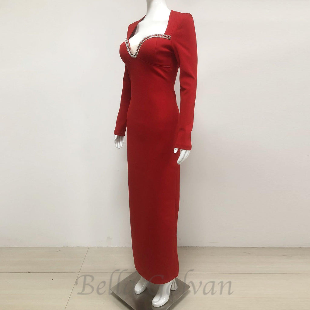 Flowering Girl Women sylvia crystal embellished long sleeve maxi dress in red