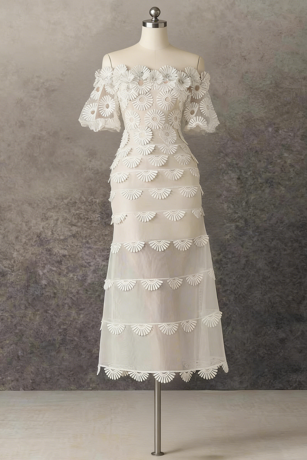 Off-the-Shoulder Daisy Lace Tiered Midi Dress