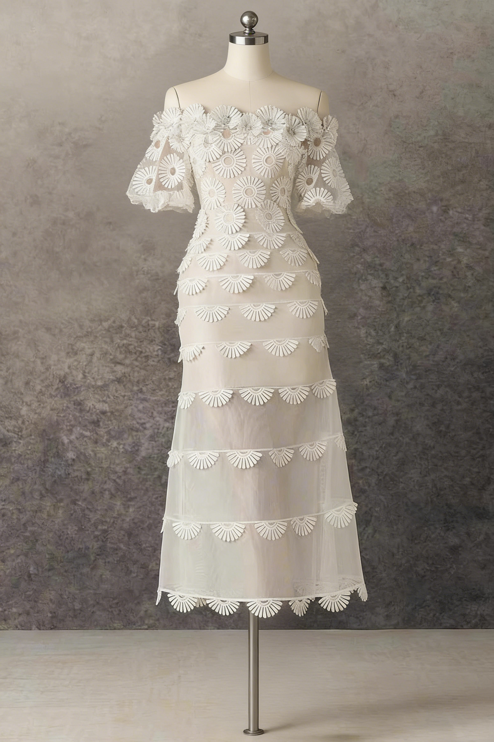 Off-the-Shoulder Daisy Lace Tiered Midi Dress