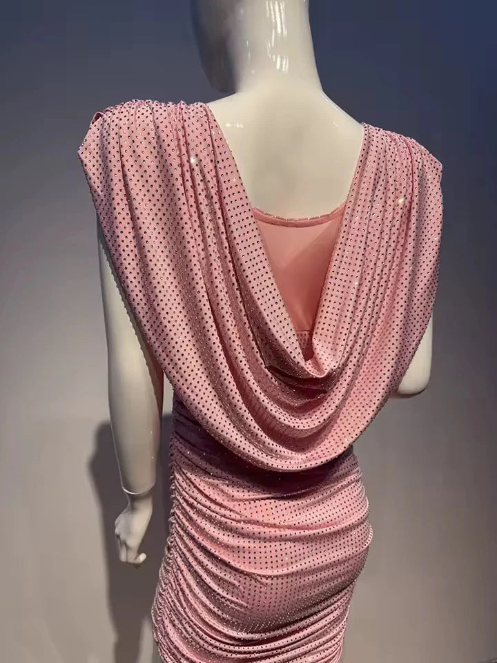 Shiny Rhinestone Elastic Pleated Mini Dress In Pink
