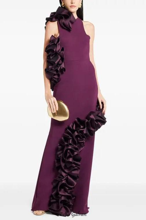 joanna ruffled-appliqué bodycon gown Claret