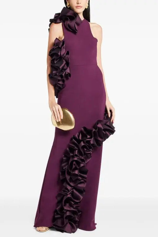 Joanna Ruffled-Appliqué Bodycon Gown Claret
