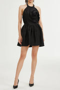 Flowering Girl Women Floral Appliqué Halter Neck Mini Dress In Black
