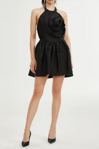 Flowering Girl Women Floral Appliqué Halter Neck Mini Dress In Black