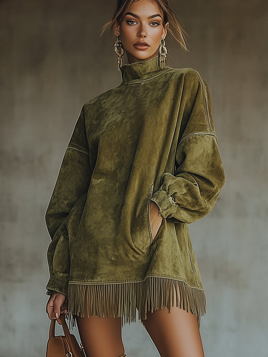 Flowering Girl Women Olive Faux Suede Turtleneck Dress With Fringe Hem