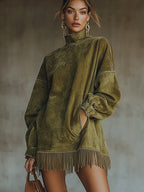 Flowering Girl Women Olive Faux Suede Turtleneck Dress With Fringe Hem