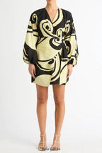 oceanic swirl v-neck puff sleeve mini dress