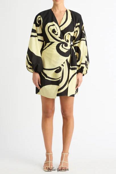 oceanic swirl v-neck puff sleeve mini dress
